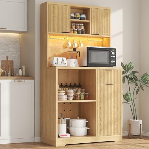 kepptory 72" Tall Bar Cabinet with Mini Fridge Space, Fluted Coffee Liquor Hutch Cabinet with Storage, Tall Home Bar with LED Light & Power Outlet for Kitchen Dining Room or Living, Natural