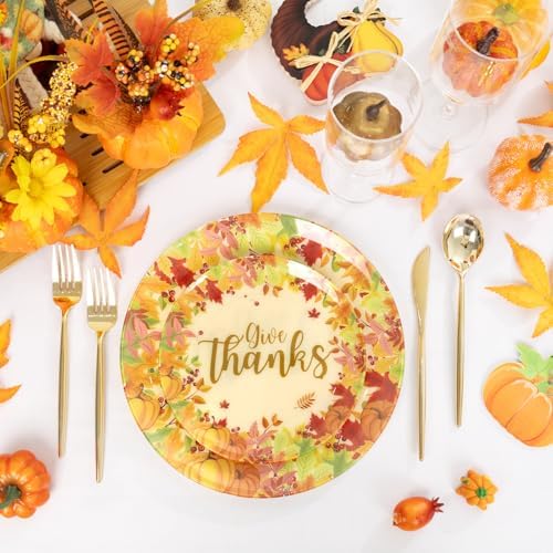 U-QE 50Pcs Thanksgiving Plastic Plates - Maple Leaves and Pumpkins Design