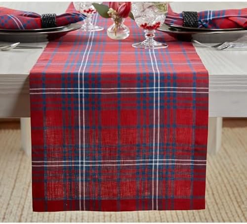 Solino Home 100% Pure Linen Table Runner, 14 x 60 in, Red and Navy Plaid