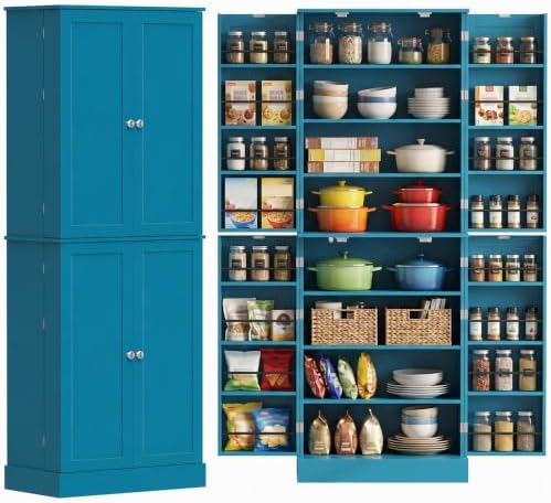 HOMCOM 65" Kitchen Pantry Storage Cabinet 16 Door Shelves Blue