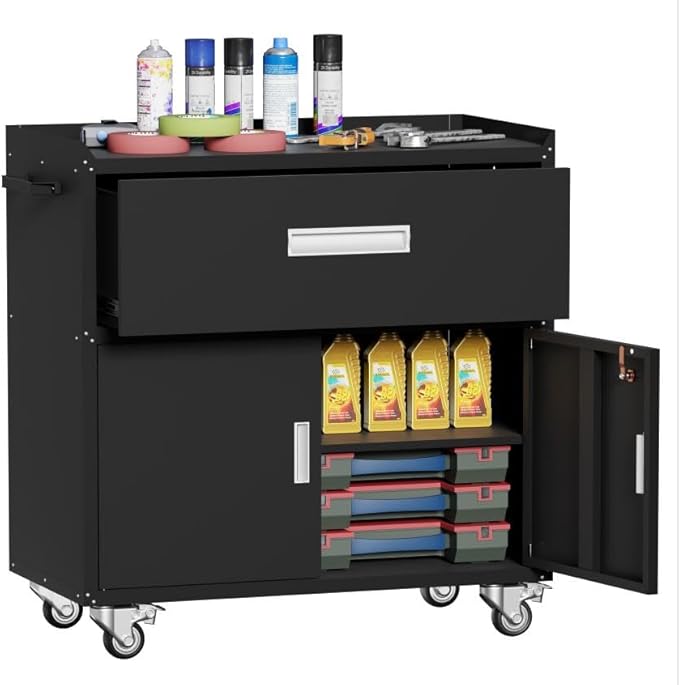 Black Metal Garage Storage Cabinet With Wheels, Lockable Tool Cabinet With Shelves, Rolling Metal Cabinet for Warehouse, Home