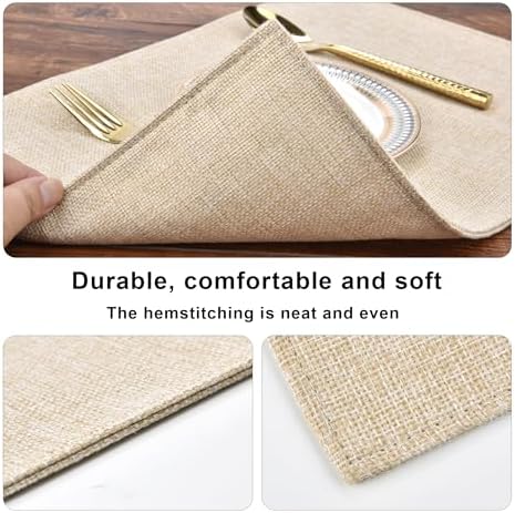 SLKQG Beige Faux Cotton Linen Placemats Set of 6, Heat Resistant Washable Double Layer Cloth Place Mats for Dining Table, Wrinkle Resistant Linen Textured Farmhouse Kitchen Decor（6，Beige）