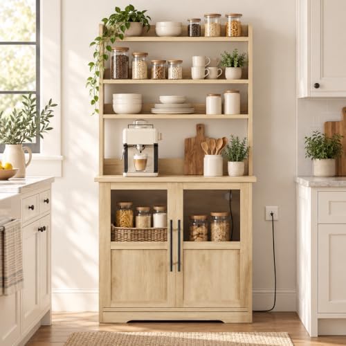 IDEALHOUSE Bakers Rack with Storage Cabinet, Microwave Stand with Power Outlets, Farmhouse Bakers Rack with Thick Table Top, Small Kitchen Bakers Rack for Kitchen,Dining Room,Peer Wood