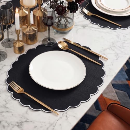 Set of 12 Black Cotton Placemats 15 Inch Round Scalloped Placemats,