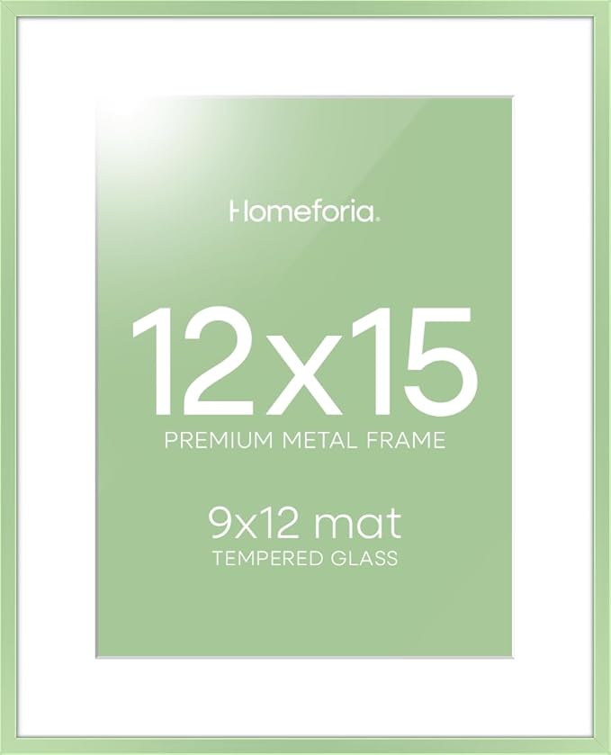 Homeforia 12x15 Sage Green Picture Frame, High End Metal 12x15 Poster Frames with Mat 9x12 Photo, 12 x 15 Sage Green Frames Matted to 9 by 12 Art, 15x12 Thin Frame, Tempered Glass, Wall Kit, Set of 1