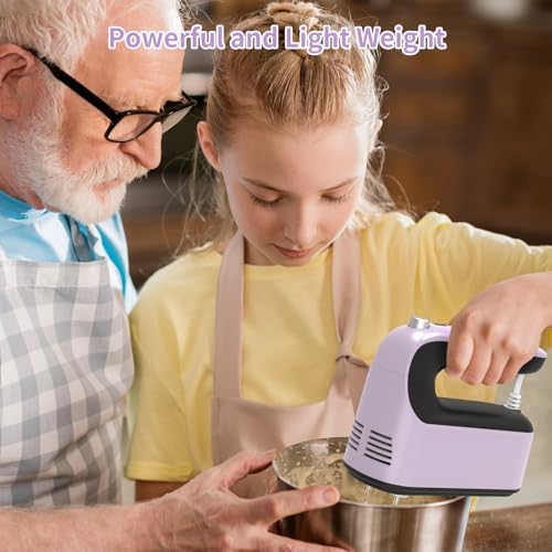 Yomelo 9-Speed Digital Hand Mixer Electric, 400W Powerful DC Motor, Hand Mixer Electric Handheld with Snap-On Storage Case, 5 Stainless Steel Accessories, Beaters, Dough Hooks, Whisk(Purple/Black)