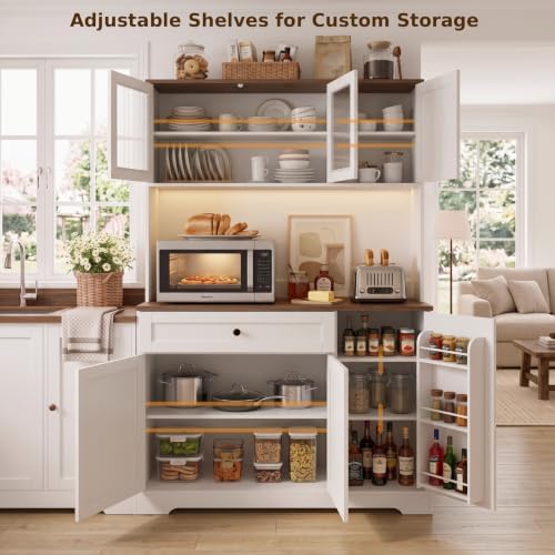 Tall Kitchen Pantry Cabinet with Countertop, 39.4" W Kitchen Hutch with Storage, Farmhouse Kitchen Cabinet Coffee Bar Cabinet with Power Outlets, Drawer, Door Racks, Adjustable Shelves, RGB LED Lights