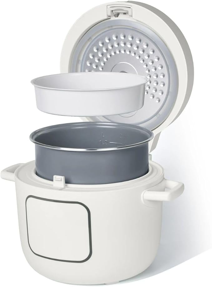 Beautiful 14-Cup Electric Rice & Grain Cooker, Ceramic Nonstick, 8 Presets, Slow Cook, Steamer Tray (White Icing)