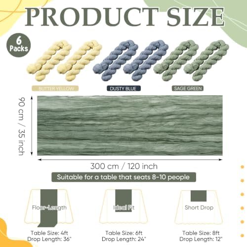 6 Pcs Dusty Blue Green Yellow Cheesecloth Table Runner