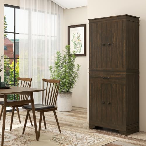 HOMCOM 72" Farmhouse Kitchen Pantry 4-Door Rustic Storage Cabinet Walnut