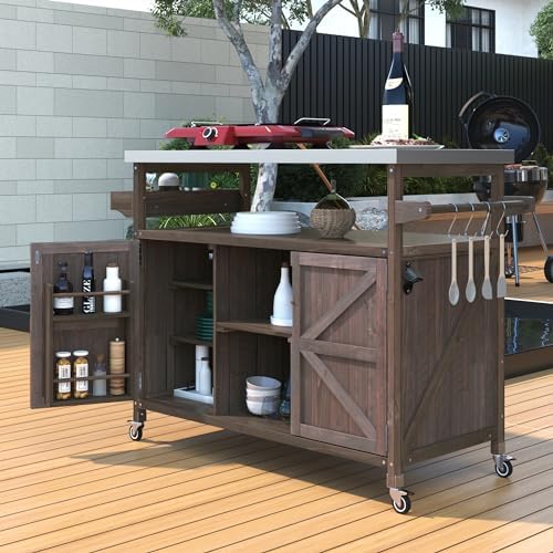 43.3“ Outdoor Grill Cart with Storage, Rolling Bar Cart, Dark Brown