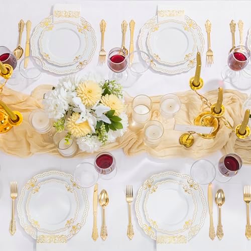 Ciaell 175 Piece White and Gold Plastic Plates for Weddings Parties