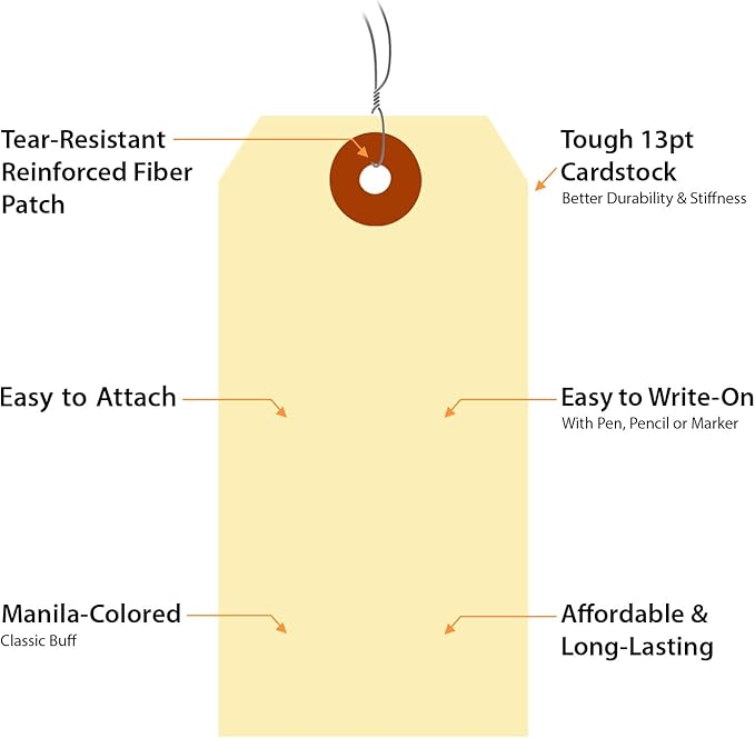 SmartSign Blank Manila Shipping Tags with Wire, Size-4, Pack of 100, 13pt Thick Prewired Cardstock Tag, 4.25 x 2.125 inch Paper Hang Tags with Reinforced Fiber Patch