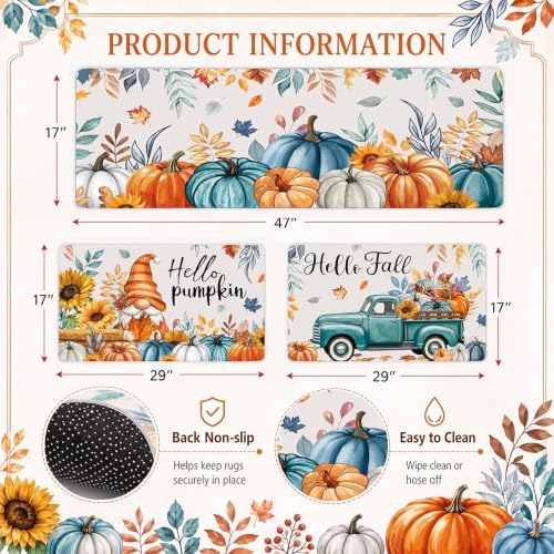 11 Pcs Fall Pumpkin Kitchen Decor Set, Blue Orange and White Rugs Towels