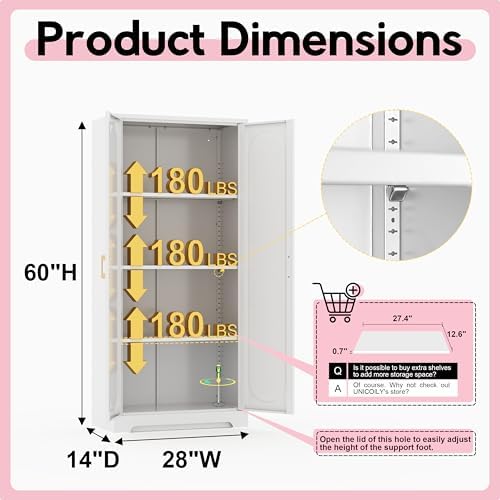 UNICOLY 60" Kitchen Pantry Cabinet, Metal Storage Cabinet with Doors and Adjustable Shelves, Tall Steel Cabinets for Kitchen, Living Room, Dining Room, Assembly Required, White