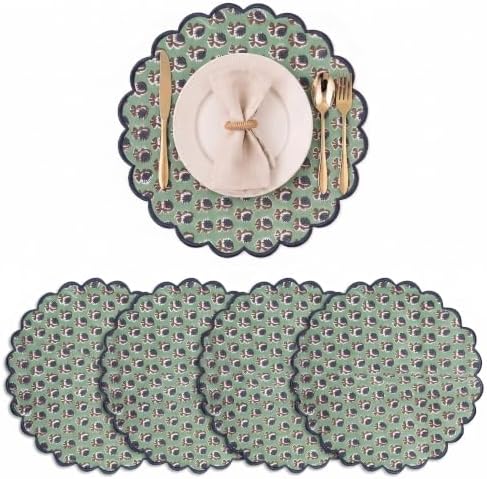 Ridhi Floral Block Print Round Placemats 15 Inch, Set of 4, Basil Green