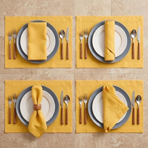 Solino Home 100% Linen Placemats Mustard Yellow, Fete 14 x 19 in, Set of 4