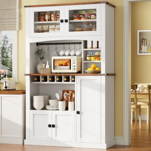 Einhomn 71" Tall Kitchen Pantry Cabinet with Charge Station, 3 Adjustable Shelves, Wine Rack and Glass Door, Kitchen Hutch for Dining Room, Kitchen and Living Room, White