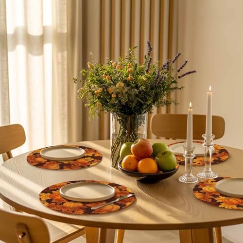 Fall Round Placemats Set of 8 Thanksgiving Orange Harvest Pumpkin Place Mats Washable Woven Placemat Autumn Maple Leaf Circle Braided Table Mat for Kitchen Dining Holiday Party Fall Decor 15 Inch