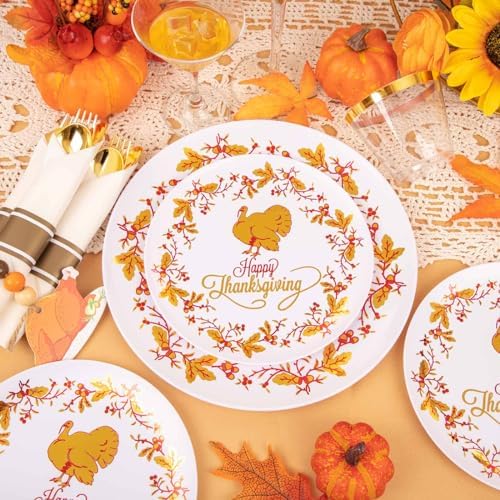 Ciaell 175PCS Thanksgiving Plastic Plate - Disposable Dinnerware Set - Gold Disposable Plastic Plates include 50Plates, 75Silverware, 25Cups, 25Napkins for Thanksgiving & Party