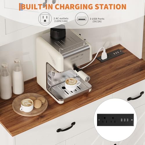 Garvee 71" Kitchen Pantry Cabinet with Charging Station, Kitchen Hutch Storage Cabinet with Large Countertop & 2 Drawers, Wood Farmhouse Food Pantry Cabinet for Dining Room, Living Room, White