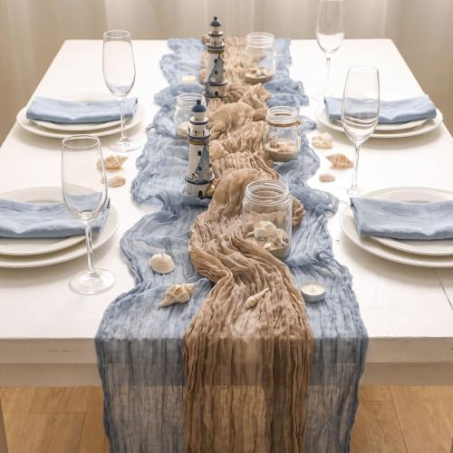 6 Pcs Blue and Brown 118" Cheesecloth Table Runner Boho Decor