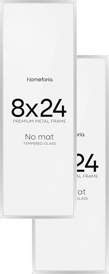 Homeforia 8x24 Panoramic Frame Silver, High End Metal 8 x 24 Picture Frames without Mat, 24x8 Hanging Silver Poster Frames for Wall, 8by24 inch Display Photo Frames, Tempered Glass, Wall Kit, Set of 2