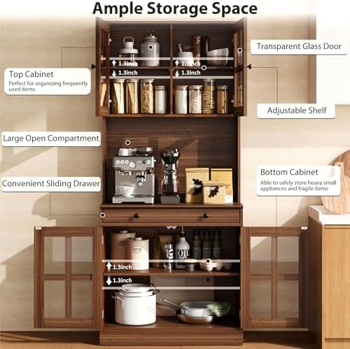 IDEAHOUSE 72" Kitchen Pantry Cabinet with Glass Doors & Drawer, Walnut