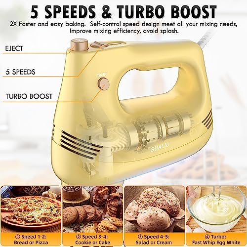 GUALIU Electric Hand Mixer, 304*(2* Beaters, 2* Dough Hooks), (1* Storage Bag) Handheld Mixer for Baking Cakes, Eggs, Cream Food Mixers, Turbo Boost /5 Speed Kitchen Blender YELLOW
