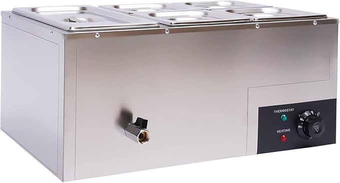 Commercial Bain Marie Food Warmer 5-Pan 600W Electric Countertop Food Warmer 20.2Qt(19L) Large Capacity Stainless Steel Steam Table for Restaurants, Snack Bars, Catering, Buffets