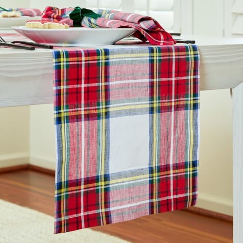 Solino Home 100% Pure Linen Table Runner White, Stewart Plaid 14 x 156 in
