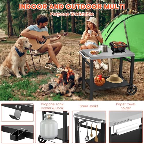 Double-Shelf Stainless Steel Grill Cart, 34 x 21 Outdoor Table
