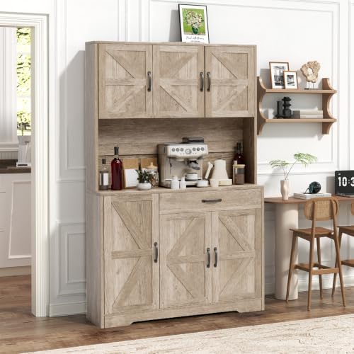 GRUSIGN 71" Pantry Cabinet with Charging Station, Large Capacity Kitchen Hutch Storage Cabinet, Kitchen Cabinet with Microwave Stand, Storage Drawers & Adjustable Shelves for Dining Room, Grey