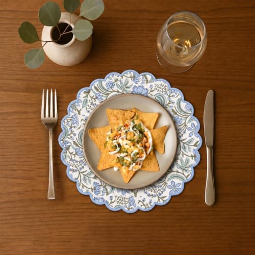 Ridhi Floral Block Print Round Placemats 15 Inch, Set of 4, Columbia Blue