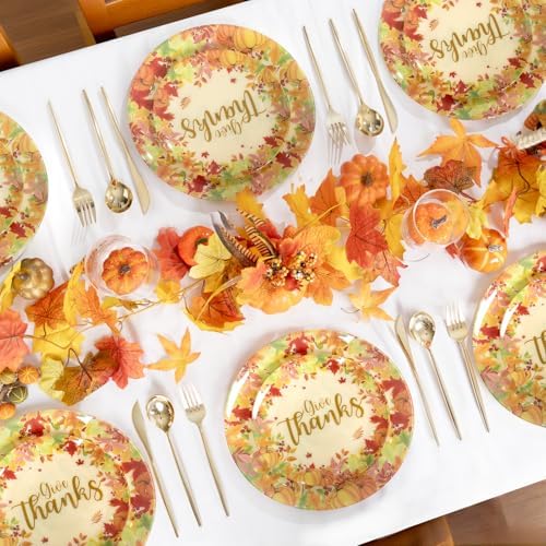 U-QE 50Pcs Thanksgiving Plastic Plates - Maple Leaves and Pumpkins Design