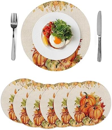 Round Placemats Set of 8 Orange Pumpkin Fall Place Mats Autumn Maple Leaf Circle Braided Placemat Heat Resistant Table Mat for Thanksgiving Autumn Harvest Holiday Decorations, 13 Inch