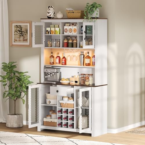 Merax 70.9" Tall Kitchen Pantry Storage Cabinet with Charging Station and LED Lights, Rustic Kitchen Hutch Food Pantries with Wine Rack, Drawer & Adjustable Shelves for Dining Room, White