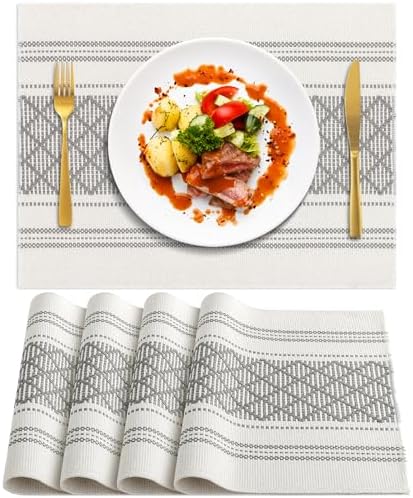 ADRIMER Placemats Set of 4, Boho Table Mats Cotton Blend, Durable Cloth Table Placemats Machine Washable, Rustic Place Mats for Dining Kitchen Table, 14 x 18 Inch, Grey