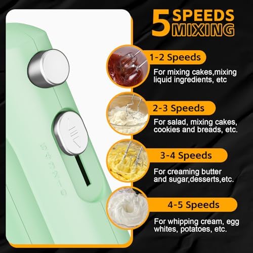 5-Speed Small Hand Mixer Electric, 300W Compact Portable, Green