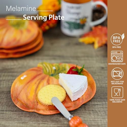 Supreme Housewares Pumpkin-Shaped Melamine Plates - Fall Harvest Theme, BPA-Free, Dishwasher Safe, for Appetizers, Dessert, Snacks, and Thanksgiving, Orange, 7.875 x 7 Inch, Set of 4