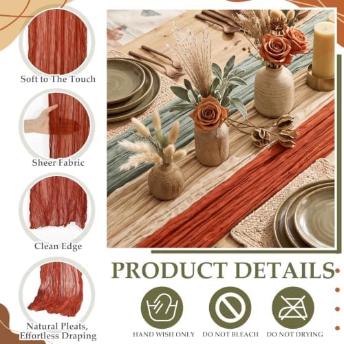 6 Pcs Terracotta and Sage Green Cheesecloth Table Runner 118"