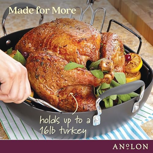 Anolon Advanced Hard Anodized Nonstick 2 Piece Roaster/Roasting Pan with Wire Rack, Oval, 16 Inch x 13 Inch, Dark Gray