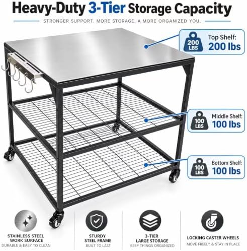 Three-Shelf Movable Stainless Steel & Steel Outdoor Dining Cart Table Pizza Oven Protable Grill and Heavy Duty Grill Cart Outdoor Table