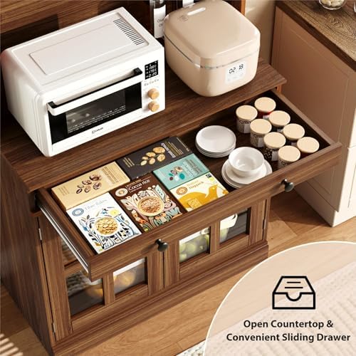 IDEAHOUSE 72" Kitchen Pantry Cabinet with Glass Doors & Drawer, Walnut