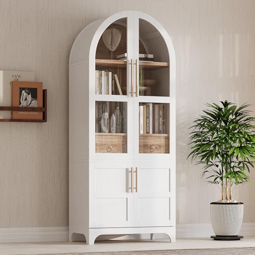 Ball & Cast Arched Kitchen Pantry Cabinet with Door Shelves,Farmhouse Cookroom Storage Cabinets W/Open & Adjustable Shelves,Glass Door & Hidden Drawer,Cupboard for Kitchen,Dining Room,White,71" Tall