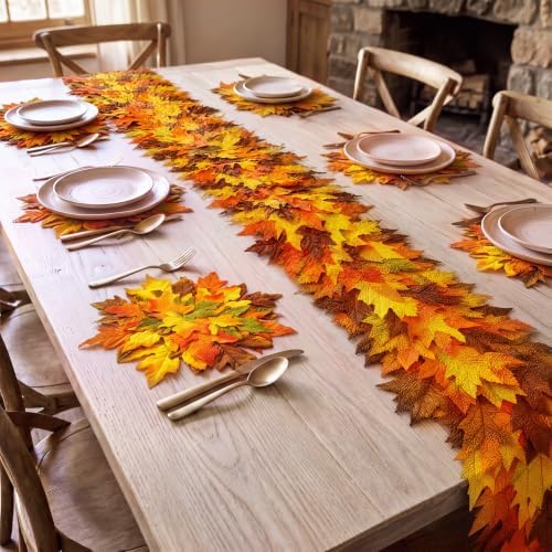 7 Pcs Fall Thanksgiving Maple Leaves Table Runner and Placemats Set