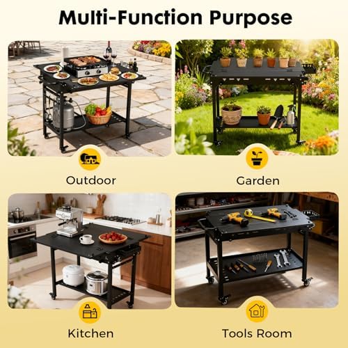 Outdoor Grill Cart Table Griddle Stand, Folding Grill Table with Wheels