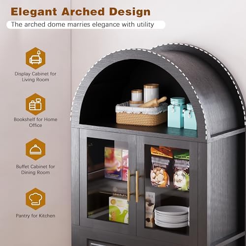 KEIKI 71" Tall Arched Kitchen Pantry Cabinet with Glass Door,Drawer,Farmhouse Storage with Adjustable Shelves for Kitchen,Living & Dining Room