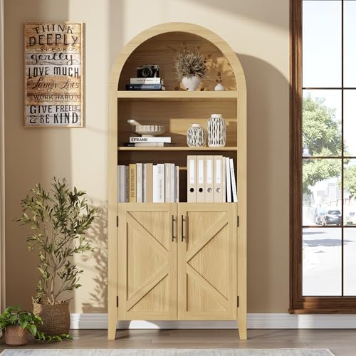 Arched Kitchen Pantry Cabinet with Doors, 5-Tier Open Display Shelf, Wood