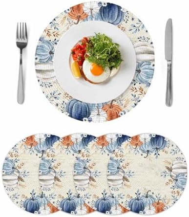 Fall Round Placemats Set of 4 Pumpkin Blue Orange Thanksgiving Place Mats Washable Woven Placemat White Pumpkin Leaves Circle Braided Table Mat for Kitchen Dining Table Holiday Party Decor 15 Inch